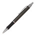 A metal pen with a sleek black and silver design, featuring a clip and textured grip. It includes branding.