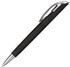 A black plastic pen with a shiny silver clip and tip. It has a sleek design and features a logo.
