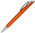 An orange plastic pen with a silver tip and a green clip. The pen features a logo on its body.