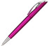 A plastic pen in a vibrant fuchsia colour with a chrome clip, featuring a logo on its body.