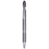 A sleek grey metal pen with a textured grip and a shiny silver tip. It has a logo on the clip.