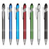 A collection of seven aluminium pens in blue, red, green, silver, black, and graphite, featuring a logo on each.