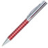 A metal pen with a red checkered grip and a shiny chrome clip. It features a logo on the body.