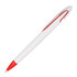 A white plastic pen with a red tip and trim, featuring a clip and a sleek design.