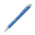 A blue metal pen with a silver clip and accents, featuring a sleek design and a logo.