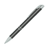 A metal pen in black with silver accents and a clip, featuring a sleek and modern design.