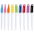A collection of plastic pens in various colours, featuring white barrels and colourful caps. Each pen has a logo.