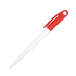 A plastic pen with a red cap and a white barrel, featuring a logo on the side.