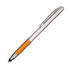 A stylus pen with a silver barrel and an orange rubber grip, featuring a clip and a sleek design.