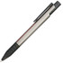 A silver plastic pen with a black rubber grip and a clip on the side, featuring branding.