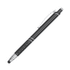 A metal pen in black, featuring a silver clip and detailing, with a stylus tip at one end.