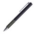 A metal pen with a sleek black body and a textured grey grip, featuring a silver clip and ballpoint tip.