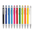 A collection of metal pens in various colours including black, blue, pink, green, orange, and white, with chrome accents.