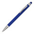 A blue metal pen with a silver clip and tip, featuring a soft-touch grip and stylus end.