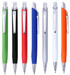 A collection of metal pens in green, black, red, blue, orange, and white, featuring a silver clip and accent.