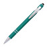 A teal stylus pen with a metallic silver clip and details. Features a smooth writing tip.