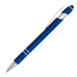 A blue aluminium pen stylus with a silver clip and accents, featuring a rubber tip for touchscreen use.