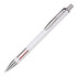 A metal pen in white with chrome accents and a red design element. Features a logo on the barrel.