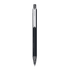 A metal pen in black with a silver clip and tip, featuring a logo on the body.