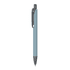 A metal pen in a soft blue hue with a silver clip and tip, featuring a logo on the barrel.