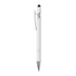 A white metal pen with a silver clip and a blue stylus tip, featuring a sleek design and branding.