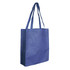 A blue tote bag with two handles and a simple design. It features a branding logo.