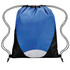 A drawstring backpack featuring a blue top section and a black bottom, with a white accent at the base.