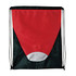 A drawstring bag featuring a red and black design with a white accent at the bottom. It has black cords for carrying.