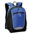 A backpack featuring a blue front panel and black sides, with a headphone port and mesh side pockets.