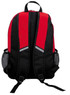 A backpack featuring a red and black design, with padded straps and mesh side pockets. It includes a logo.