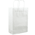 A white paper bag with handles, featuring a simple design and a sturdy construction.