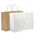 A set of two shopping bags, one brown kraft paper and one white paper, both with handles.