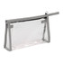 A clear toiletry bag with grey accents and a zip closure, ideal for travel accessories. Features a branding logo.