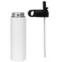 A drink bottle in white with a stainless steel finish, accompanied by a black lid and straw. Features a logo.