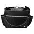 A black cooler bag with adjustable straps, featuring multiple compartments and a branding logo.