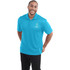 A turquoise polo shirt for men, featuring a collar and a logo on the chest, modelled by a smiling man.