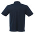 A navy blue men's short sleeve polo shirt featuring a collar and a logo.