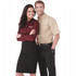 A short sleeve button-up shirt in beige worn by a man and a wine-coloured long sleeve shirt worn by a woman, both with logos.