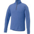 A blue knit quarter zip jumper for men, featuring long sleeves and a zippered neck. It has a branding logo.