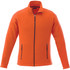 An orange polyfleece jacket featuring a full zip and two zippered front pockets. It has a collar and long sleeves.