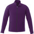 A purple polar fleece jacket with a zip front and two side pockets. It features a branding logo.