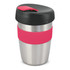 A drink bottle with a stainless steel body, a pink silicone band, and a black lid. It features a logo.