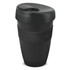 A drink bottle in black with a fitted lid and a textured grip. It features a logo on the side.