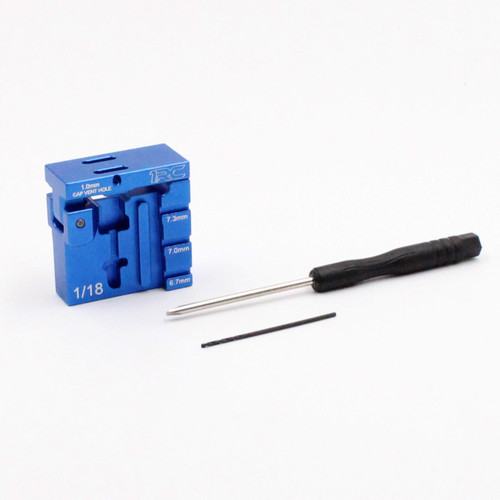 The 1RC Racing Shock Assembly Tool 2.0 is an essential accessory for anyone looking to enhance the performance of their 1RC Racing Car, whether 1/18th or 1/24th. This new tool is compatible with all 1RC Racing 1/18th and 1/24th shocks and is built from durable 6061 aluminum. It features a sleek blue anodized finish and laser-etched markings.