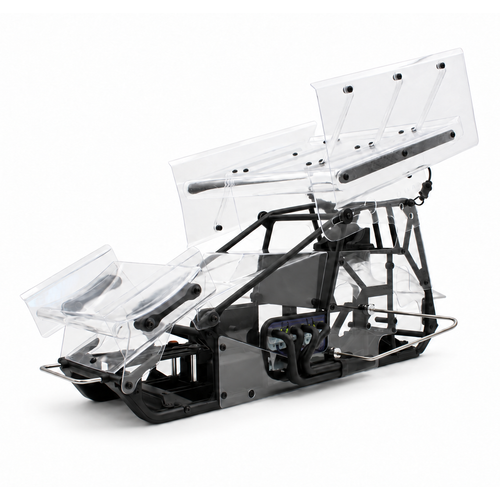 1RC Racing 1/7 Sprint Car Conversion Kit with clear polycarbonate body and wings, molded composite chassis, roll cage and metal bumpers.