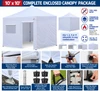 10x10 commercial-grade instant canopy tent with enclosed sidewalls, roll-up door, screened window, steel frame, and illustrated product features.