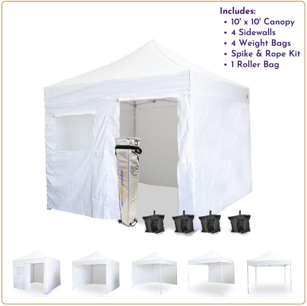 10x10 commercial-grade instant canopy tent with four removable sidewalls, roll-up door and screened window showing what is included