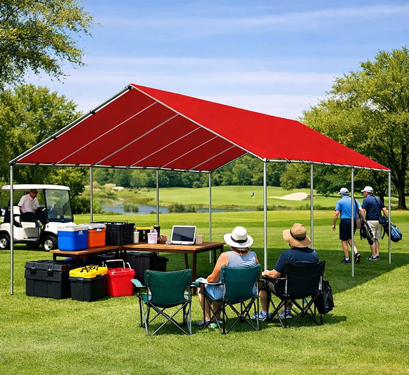 18' x 30' Galvanized Steel Canopy with UV-resistant tarp shading a golf course
