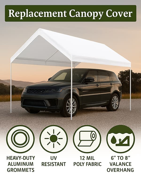 image of white valance tarp on a canopy frame protecting a car