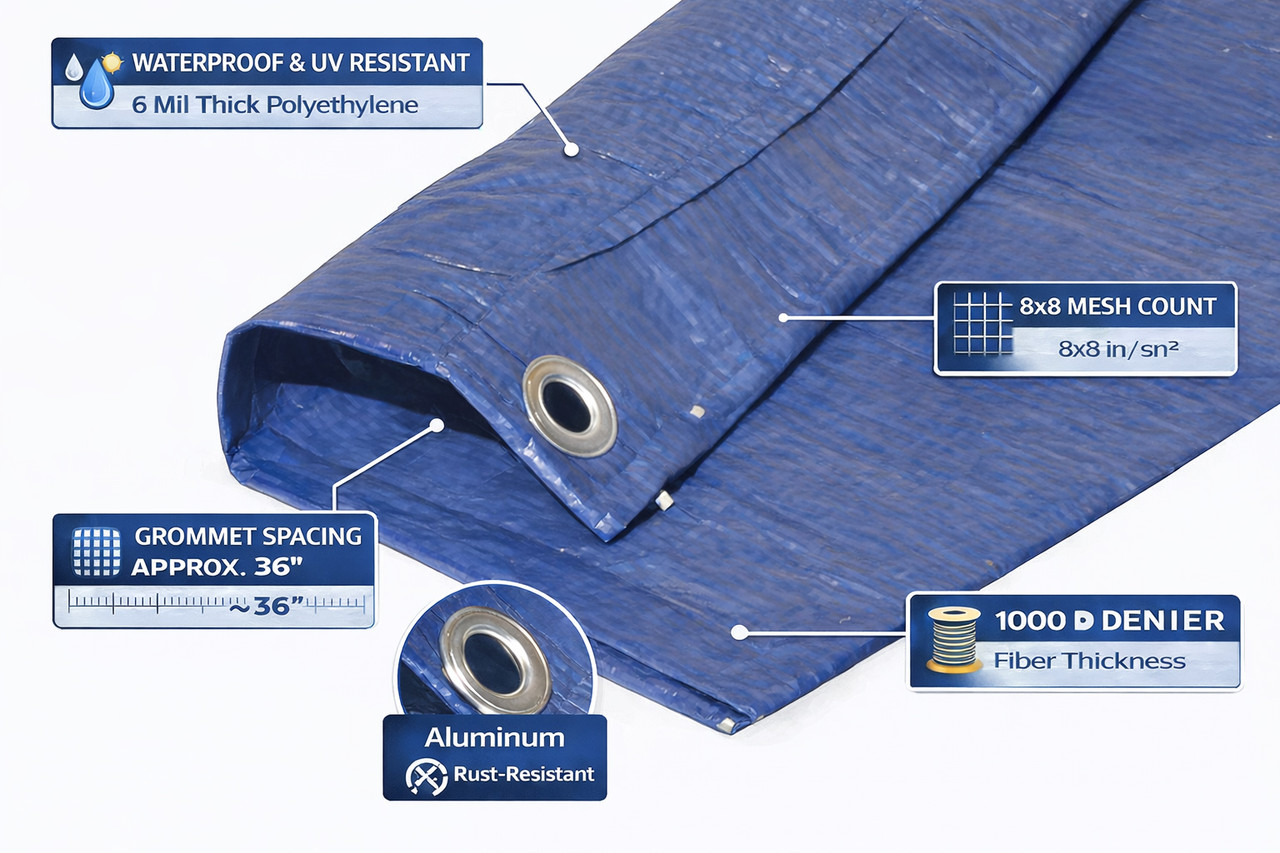 Blue utility tarp image featuring icons of key features like 6 Mil, Aluminum grommets, 1000 denier fiber thickness.